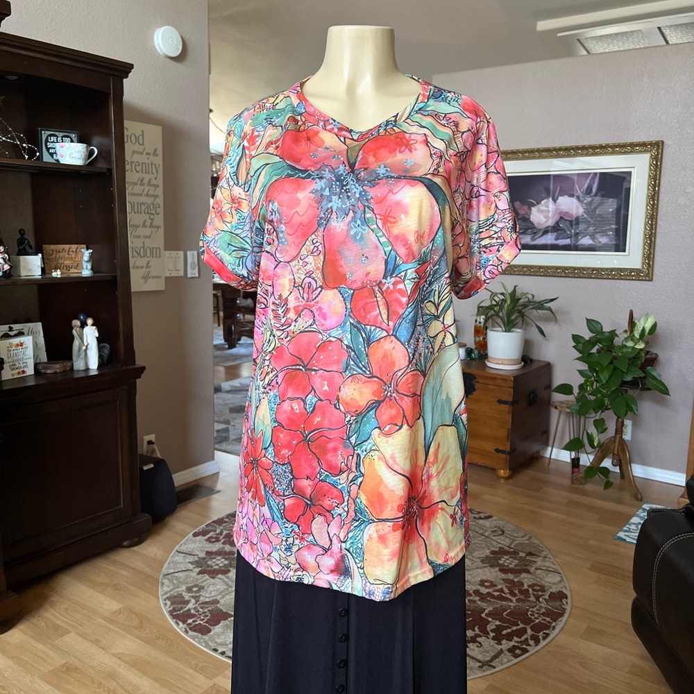 Boutique orange floral short sleeve shirt-size XL